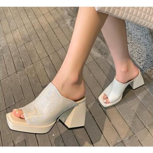 Small Size 33 Girls Beige Nude Cow Leather Square Toe Slip On Slippers Sandals Woman 9 CM Chunky Heels Platform Pumps Shoes