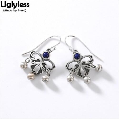Uglyless Playful Handmade Knots Bows Earrings for Women Ethnic Vintage Jewelry 925 Thai Silver Balls Dangle Earrings Lapis Agate
