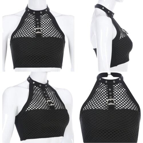 Women Teens Girls Juniors Halter Crop Top Gothic Punk Choker Metal Buckle Camisole Fishnet Mesh Black Vest Clubwear
