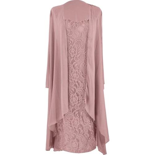 2 Piece Womens Suit Mother Pantsuit Sets Elegant Pink Lace Long Sleeve Dress With Jacket Female Plus Size For Wedding Party