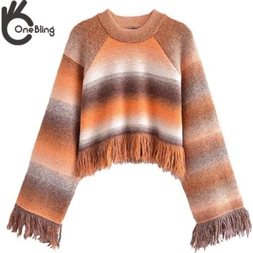 OneBling Za Woman 2021 Patchwork Traf Sweater Female Round Neck Long Sleeve Top Fashion Sweaters For Women Winter Tassel Chic