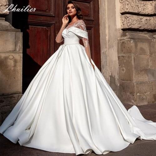 Lhuilier Womens A Line Scoop Neck Satin Wedding Dresses 2021 Long Sleeves Floor Length Beaded Bridal Gowns with Belt