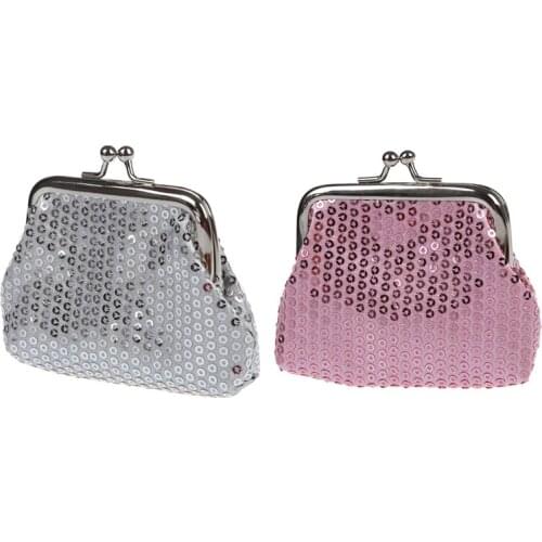 2Pcs WomenS Sequins Coin Purse Buckle Mini Wallet - Silver & Pink