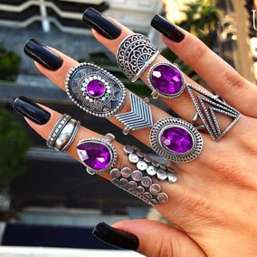 36 Pieces / Set Bohemian Of Purple Rhinestone Rings Zircon Retro Ring For Ladies Floral Geometry Bridal Boho Crystal Ring