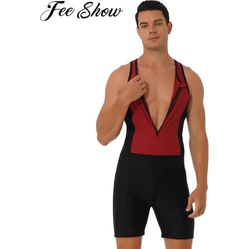 Men Round Neck Sleeveless Swimsuit Bodysuit Soft Front Zipper Racer Back Shorts Jumpsuit Swimming Bathing Suit Triathlon Wetsuit