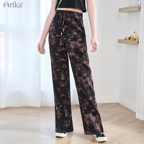 ARTKA 2021 Summer New Women Pants Fashion Casual Tie dye Draping Straight Pants Loose Elastic High Waist Trousers KA21011X
