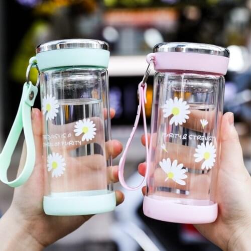 Daisy Lovely Outdoor Student Double Glass Water Bottle Household Tea Cup Creative Portable Water Cup Female Gift Bottle