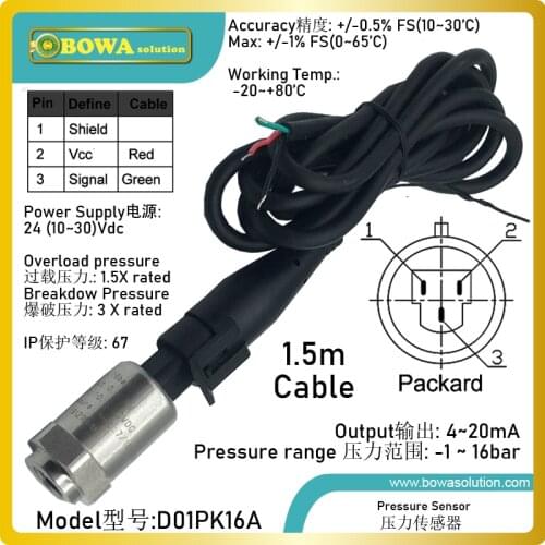 -1 to 16bar pressure sensor makes 4 to 20mA electric signal output for EEV superheat controllers or PLC system controllers