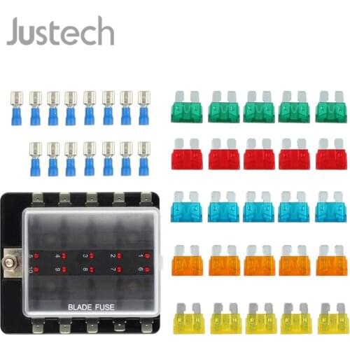 Justech 10 Way Blade Fuse Box Holder LED Light 12-32V Circuit Truck Car Fuses+Terminals Insurance PC+PBT+brass Fuse Holder