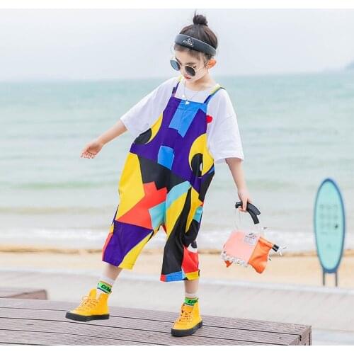 Hip Hop Kids Overalls Summer Cartoon Color printing Cotton Boys and Girls Pants Loose Bib Short Harem pants Childrens Trousers