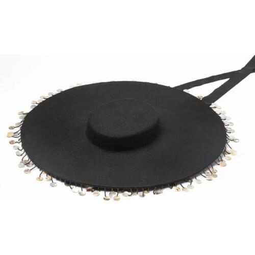 European American Fashion Designer Custom Hats Flat Top Black Tassel Top Hats For Women Wide Brim Fedora Stage Model Catwalk Cap