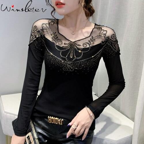 Spring Fall Korean Style Mesh T-Shirt Fashion Sexy Back Patchwork Embroidery Shiny Diamonds Women Tops Long Sleeve Tees T18721A