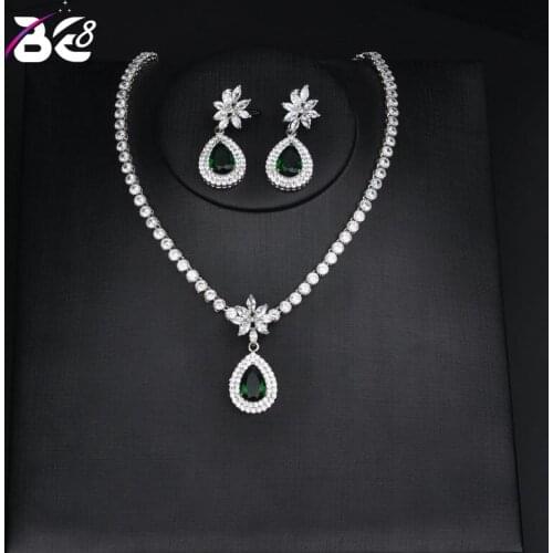 Be 8 Luxury Green CZ Jewelry Sets for Women Water Drop Necklace Earrings Bijoux Set Bijoux Mariage Wedding Gifts S136
