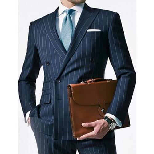 Chalk Stripe Men Suit Custom Made Navy Blue Mens Striped Wedding Suits,Tailored Double Breasted Men Suits With Ticket Pocket