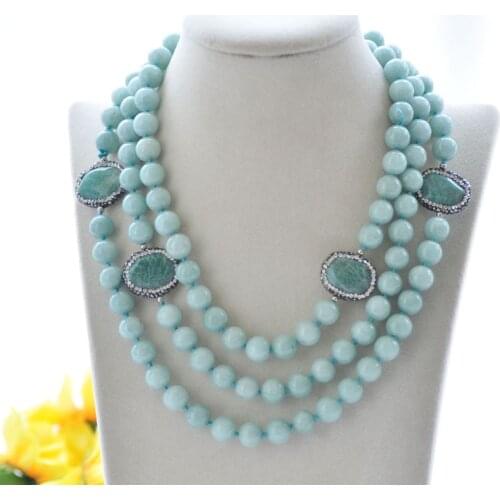 S2415 55" 35mm Round Aquamarine Jade Bead Shuttle CZ Necklace