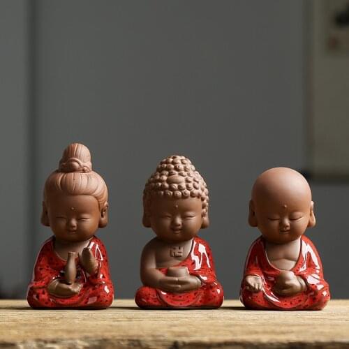 Mini Buddha Statue Tea Pet Creative Ceramic Little Monk Tea Table Purple Clay Cute Zen Decoration Home Office Desktop Ornament