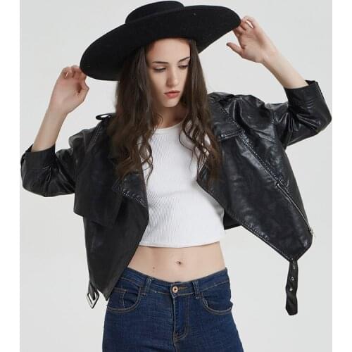 Queechalle 2020 Autumn Womens Jacket Faux PU Leather Jacket With Belt Zipper Moto & Biker Jacket Coat Female Clothes Black