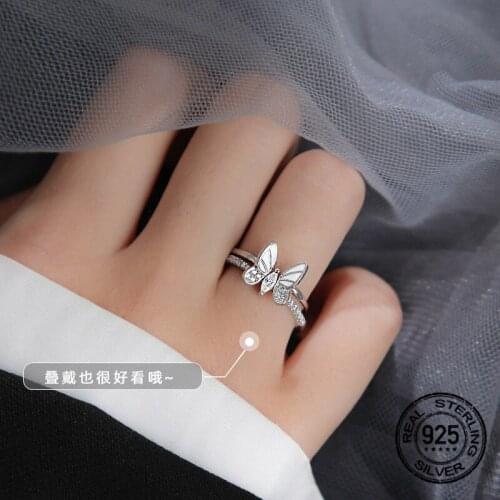 Open Diamond Butterfly S925 Silver Rings For Women Adjustable Korean Fashion Design New Punk Girl Student Insect Jewelry INEFFA