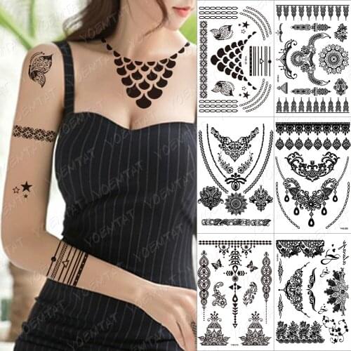 Black ink Waterproof Temporary Tattoo stickers lace rose butterfly India Henna fake Tattoo body art Love Flower Pattern women