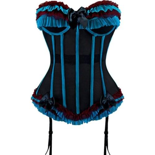 Sexy Ladies Ruffle Trim Mesh Corset with Hook and Eye Closure Back Slimming Basque Wear Burlesque Corsage Bustier with Garter