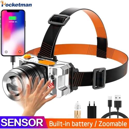 60000LM LED Headlamp Motion Sensor Headlight Head Lamp Front Torch Lanterna Head Light with Power Bank Function Built in Battery