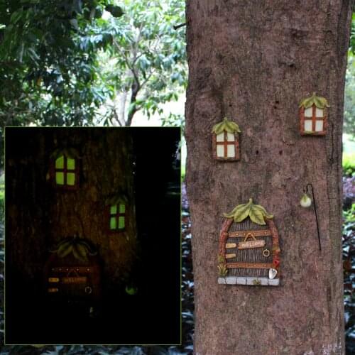 Glowing Miniature Resin Fairy Door Windows Yard Art Mystical Sculpture for Outdoor Wall Trees Decor