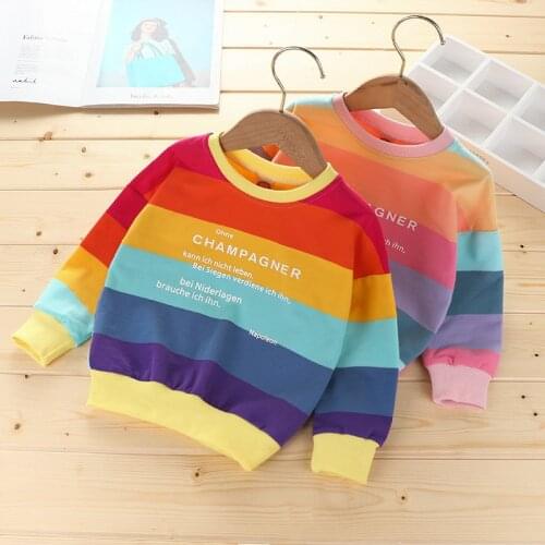Rainbow Strip Girls Sweater Autumn 2021 New Childrens Korean Shirts Round Neck Pullover Coat Winter Boutique Kids Clothing