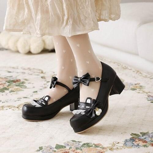 IPPEUM Womens Heels Lolita Mary Janes Shoes Princess Pink Ankle Strap Bowtie Strawberry Ruffles Wedding Cosplay Uniform Pumps