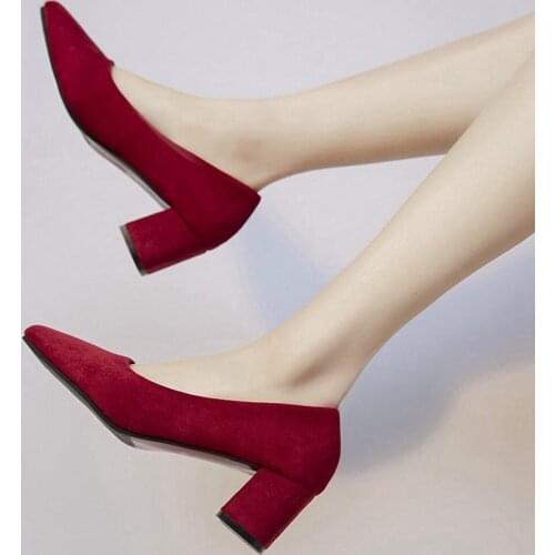 RIBETRINI Office Lady High Heels Shallow New Design Shoes Pointed Toe Flock Women Pumps 2021 Chunky Wedding Pumps