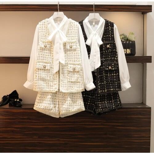 Womens 2020 Autumn And Spring New Vest + Shirt + Shorts Three-piece Suit Black White Female Sets