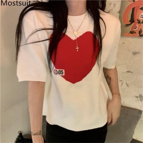 Heart Knitted Pullover Sweater Women Summer Short Sleeve O-neck Thin Knitwear Tops Korean Vintage Elegant Ladies Jumpers 2021