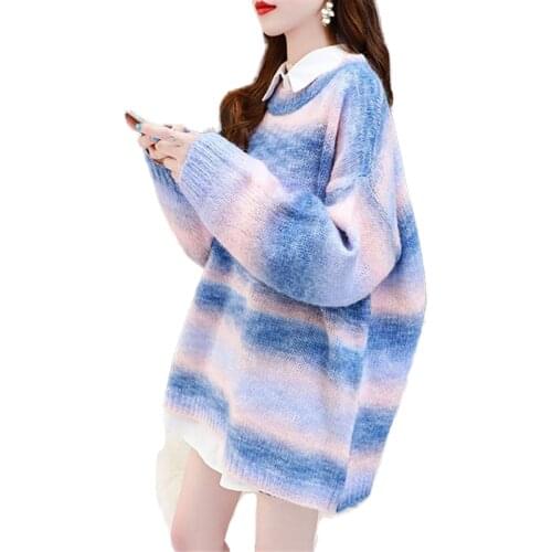 2021 Spring Autumn Women Sweater Rainbow Sweaters Tie Pullover O-Neck Striped Oversized Knit Top Wear Sweater Coat Long Loose