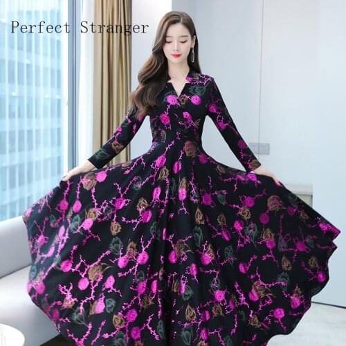 2020 Autumn Winter New Arrival Hot Sale V Collar Flower Printed Plus Size M-4XL Long Sleeve Women Long Dress