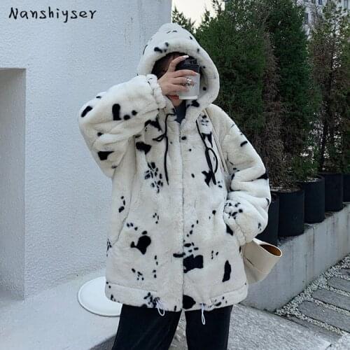 Winter Thicken Short Loose Hooded Drawstring Waist Women Faux Fur Coat 2021 Korean Soft Plush Warm Outerwear Female Plus Size