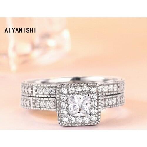 AIYANISHI 925 Sterling Silver Wedding Ring Sets Princess Halo Finger Ring Sets for Women Silver Engagement Bridal Rings Jewelry