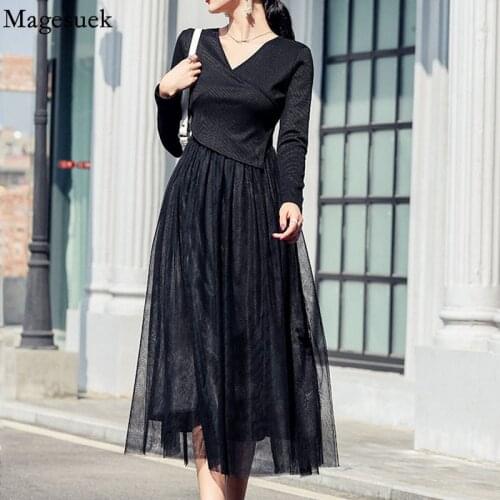 Elegant Dresses for Women Party Dress Knit Bottom Dress Stitching Fake Two Pieces of Medium-length Inner Mesh Dress Woman 13275