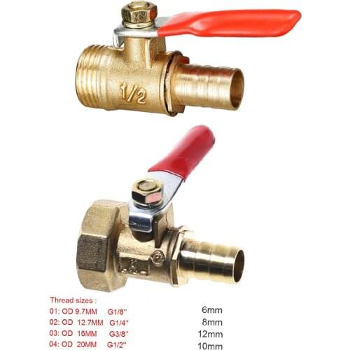 1pcBrass ball valve 4-12mm hose barb 1/8''1/2''1/4'' male thread, female thread joint, straight joint, for water, oil, fuel pipe
