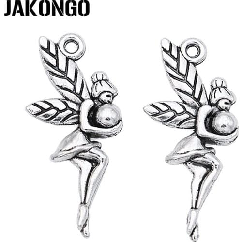 JAKONGO Antique Silver Plated Fairy Charms Beads Pendants for Jewelry Making DIY Handmade 26x12mm