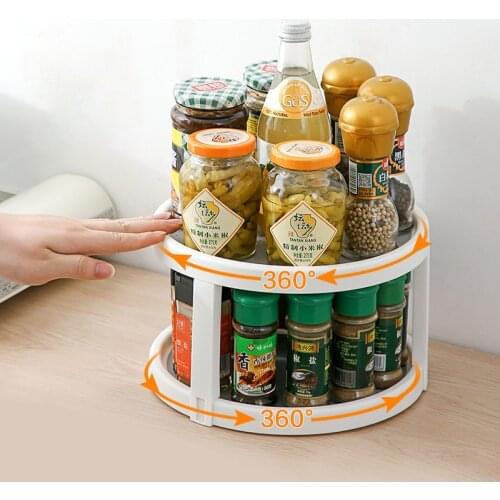 2 Layers Rotatable Spice Rack Kitchen Storage Rack Spice Organizer Oil Salt Seasoning Bottles Holder Shelves Kitchen Accessories