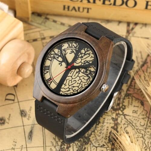 Natural Real Wood Watch Quartz Mens Genuine Leather Wristwatch Life Tree Design Fashion Man Gifts Clock Relogio Masculino