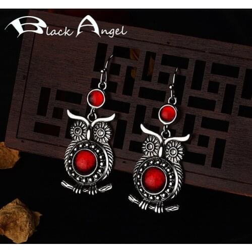 BLACK ANGEL New Vintage Thai Silver Ruby Cute Owl Red Gemstone Drop Earrings For Women Fashion Party Jewelry Christmas Gift