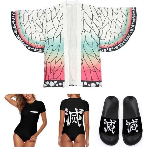 Demon Slayer Kimono Swimsuit Slipper Cosplay Women 3 Piece Beach 3D Print Anime Kamado Tanjirou Bikini Summer Sexy Swimwear Set