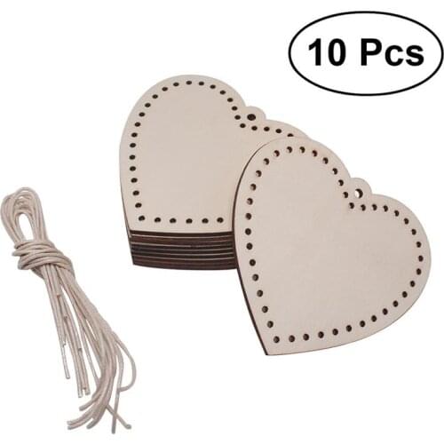10pcs Heart Shaped Wood Pendant Slices Natural Wooden Embellishment with Edge Holes for Wedding Valentine DIY Arts Crafts Card