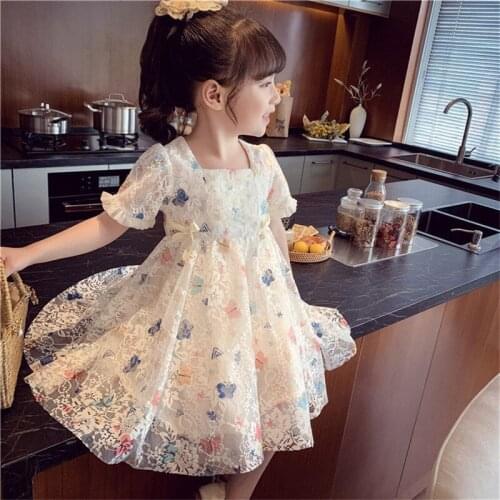 Kids Summer Light Girls Dresses 2021 New Bow Butterfly Printing Lace Mesh Princess Party Dress 3-7 Years Children Clothing