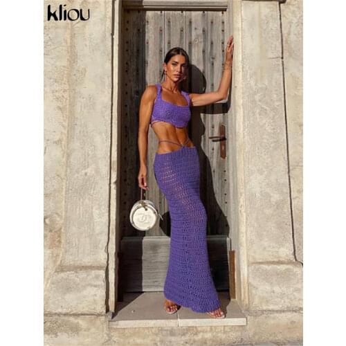 Kliou Knitted Two Piece Set Women Skirt Elegant Classy Back Criss Cross Bandage Camisole Top+Ribbons Hollow Out Female Skirt