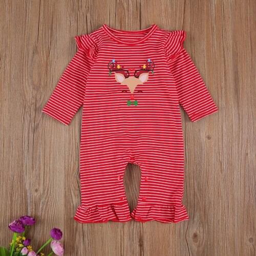 2020 New Hot Baby Boys and Girls Jumpsuit Christmas Red Stripe Deer Horn Print Long Sleeve One-piece 0-24 Months ropa de bebe