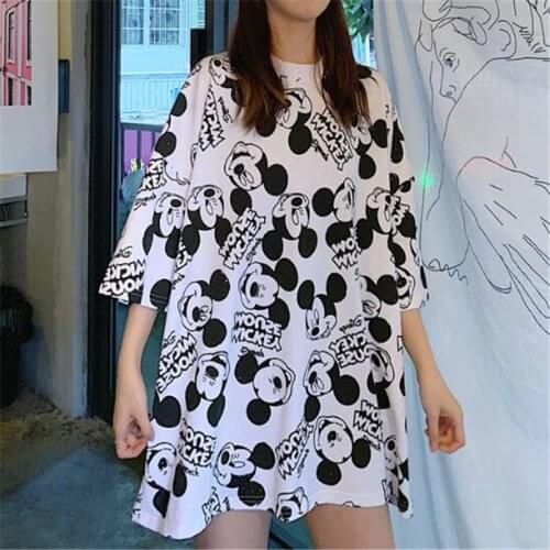 Disney Cartoon Mickey Mouse Summer Short-sleeved T-shirt Female Harajuku Loose BF Tops Womens Round Neck T-shirt Casual Top Tee
