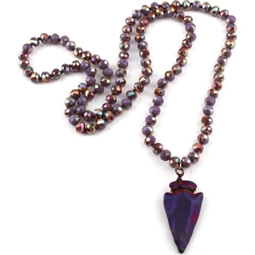 MOODPC Fashion Jewelry Crystal Glass Long Knotted Hematite Stone Arrowhead Pendant Necklace