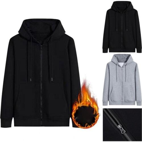 Men Autumn Winter Long Sleeve Hoodie Sweatshirt Pockets Plush Liner Warm Coat