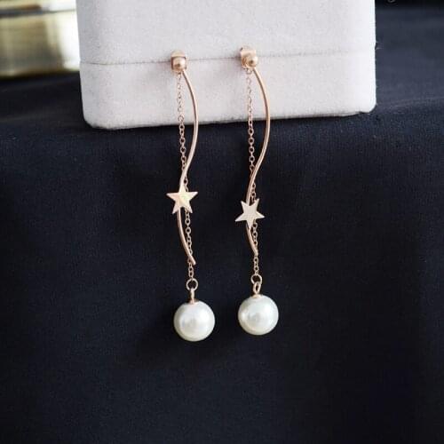 YUN RUO 2018 New Arrival Fashion Star Pearl Tassels Earring Rose Gold Color Woman Gift Titanium Steel Fine Jewelry Never Fade